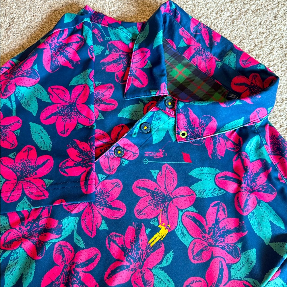 William Murray Golf Men’s Polo Shirt Remastered Navy Pink Floral Size Large